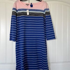 Talbots striped dress NWT Petite large  blue, pink black, 3/4 sleeve